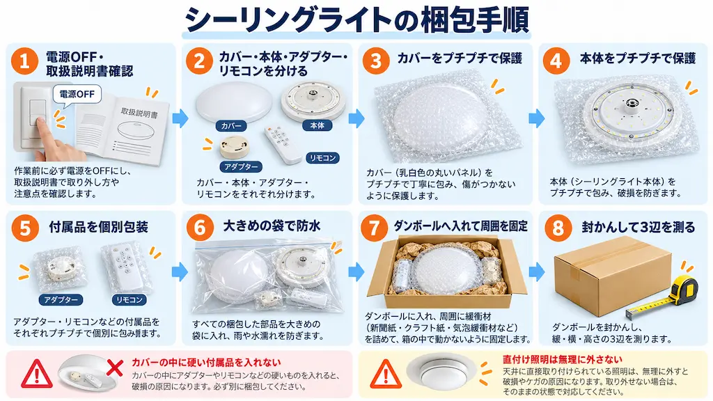 シーリングライトの梱包手順　図解